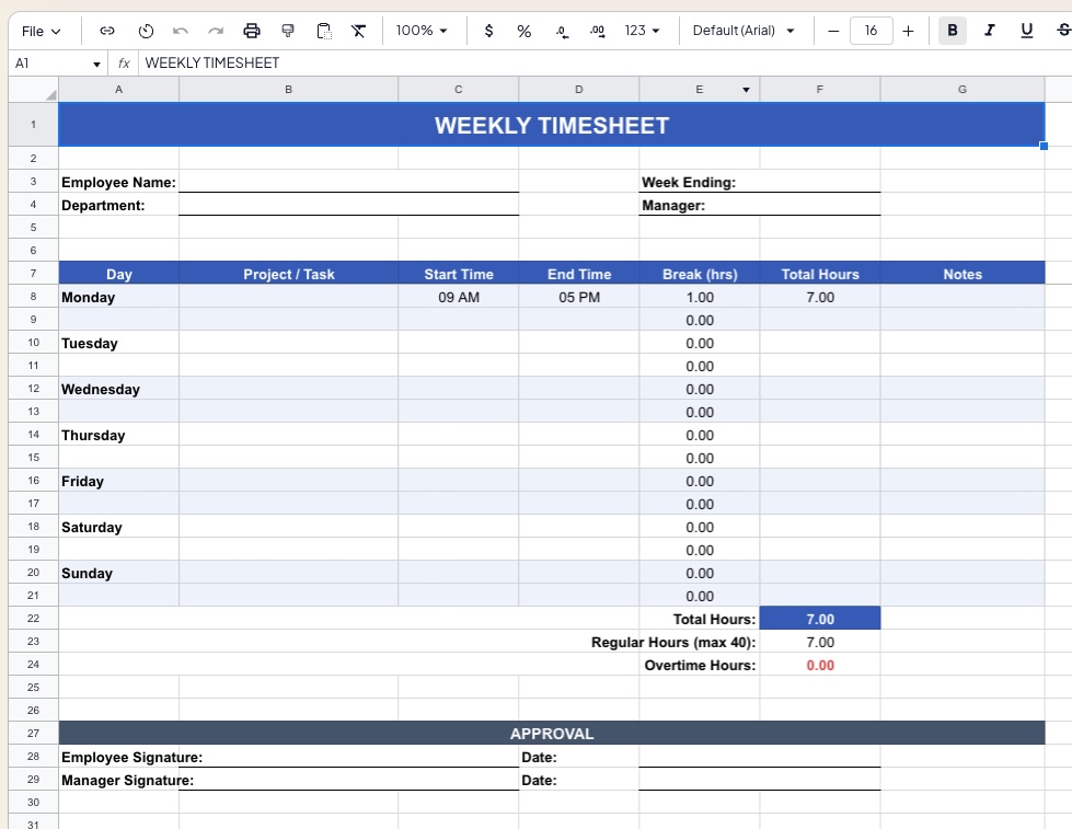 Weekly Timesheet preview