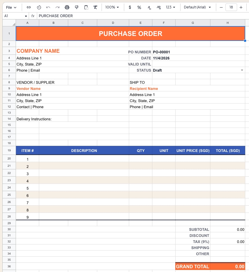Purchase Order Template preview